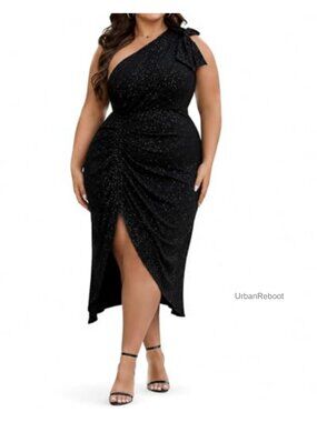 Plus Size Sequin Glitter Dress One Sparkly Shoulder Ruched Wrap Cocktail Party